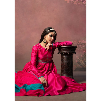 THE AARYA Pink Handwoven Chanderi Embroidered Anarkali (Set of 3)