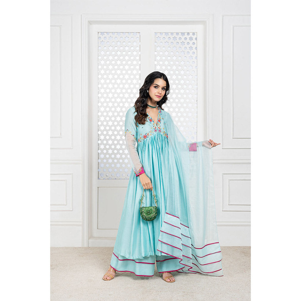 THE AARYA Aqua Blue Handwoven Chanderi Embroidered Anarkali (Set of 3)