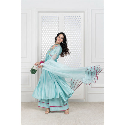 THE AARYA Aqua Blue Handwoven Chanderi Embroidered Anarkali (Set of 3)