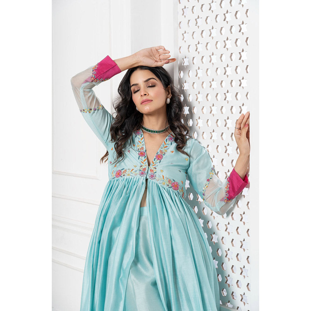 THE AARYA Aqua Blue Handwoven Chanderi Embroidered Anarkali (Set of 3)