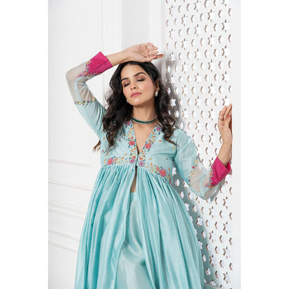 THE AARYA Aqua Blue Handwoven Chanderi Embroidered Anarkali (Set of 3)