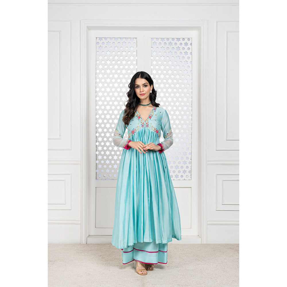 THE AARYA Aqua Blue Handwoven Chanderi Embroidered Anarkali (Set of 3)