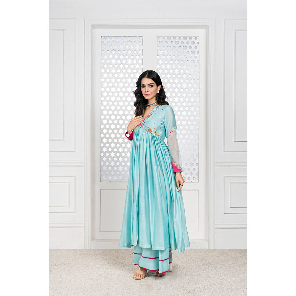 THE AARYA Aqua Blue Handwoven Chanderi Embroidered Anarkali (Set of 3)