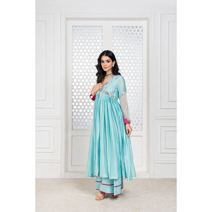 THE AARYA Aqua Blue Handwoven Chanderi Embroidered Anarkali (Set of 3)