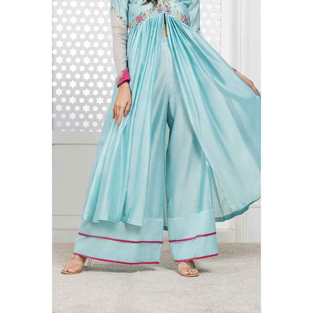 THE AARYA Aqua Blue Handwoven Chanderi Embroidered Anarkali (Set of 3)