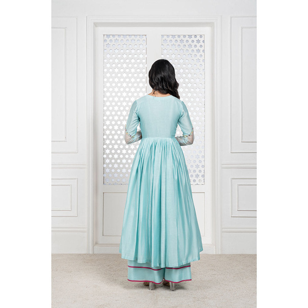 THE AARYA Aqua Blue Handwoven Chanderi Embroidered Anarkali (Set of 3)