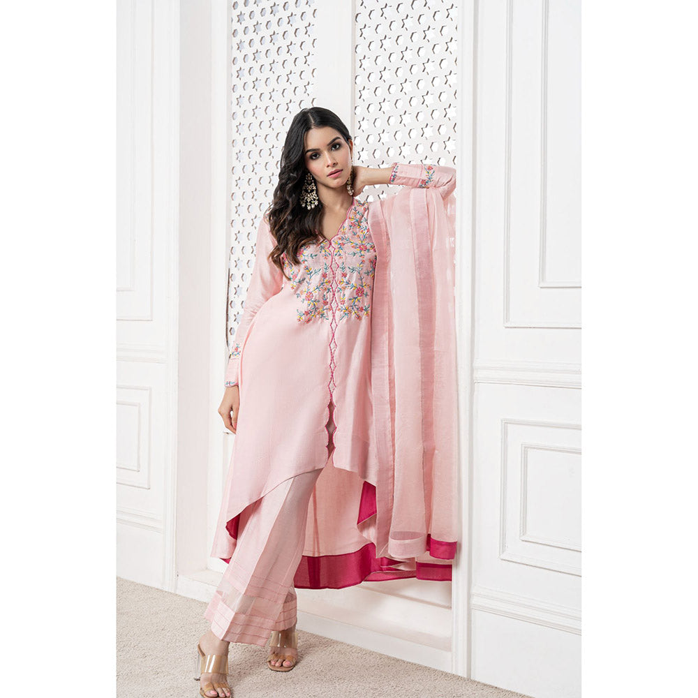 THE AARYA Peach Handwoven Chanderi Embroidered High Low Anarkali (Set of 3)