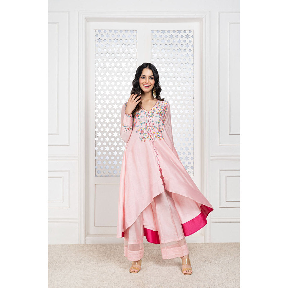 THE AARYA Peach Handwoven Chanderi Embroidered High Low Anarkali (Set of 3)
