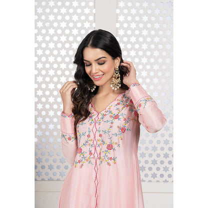 THE AARYA Peach Handwoven Chanderi Embroidered High Low Anarkali (Set of 3)