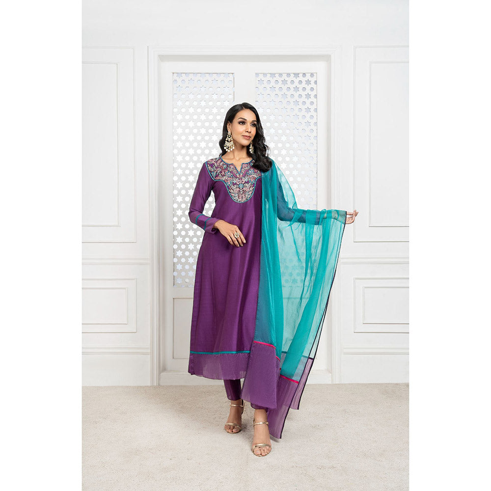 THE AARYA Purple Handwoven Chanderi Embroidered Kali Kurta (Set of 3)