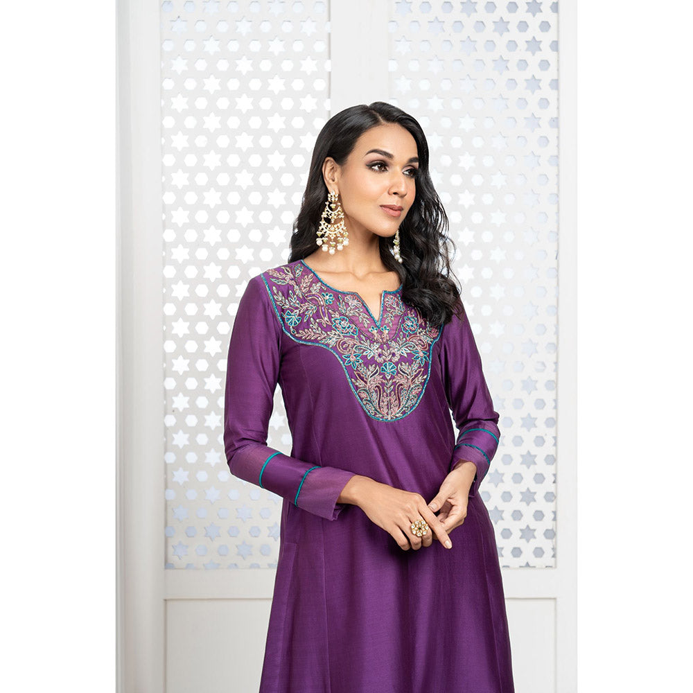 THE AARYA Purple Handwoven Chanderi Embroidered Kali Kurta (Set of 3)