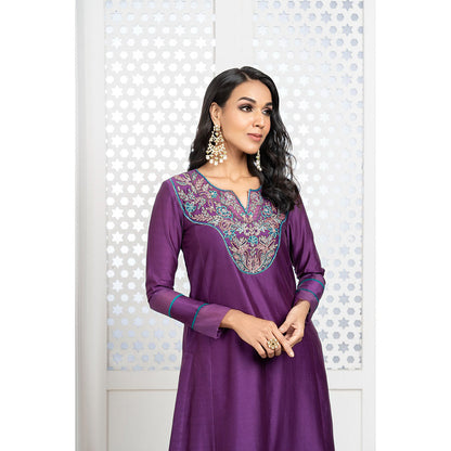 THE AARYA Purple Handwoven Chanderi Embroidered Kali Kurta (Set of 3)