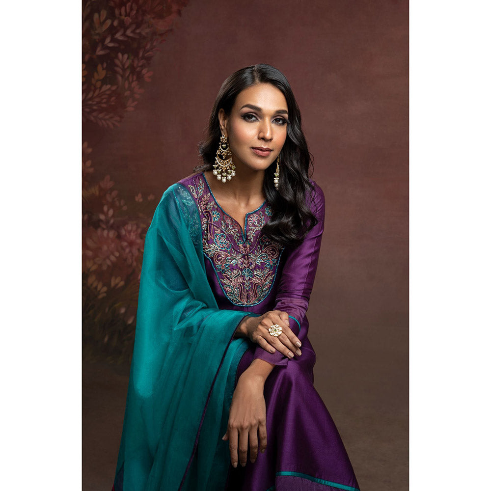 THE AARYA Purple Handwoven Chanderi Embroidered Kali Kurta (Set of 3)