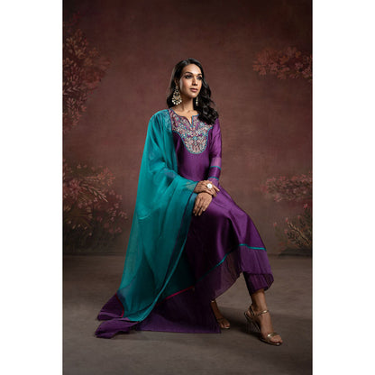 THE AARYA Purple Handwoven Chanderi Embroidered Kali Kurta (Set of 3)