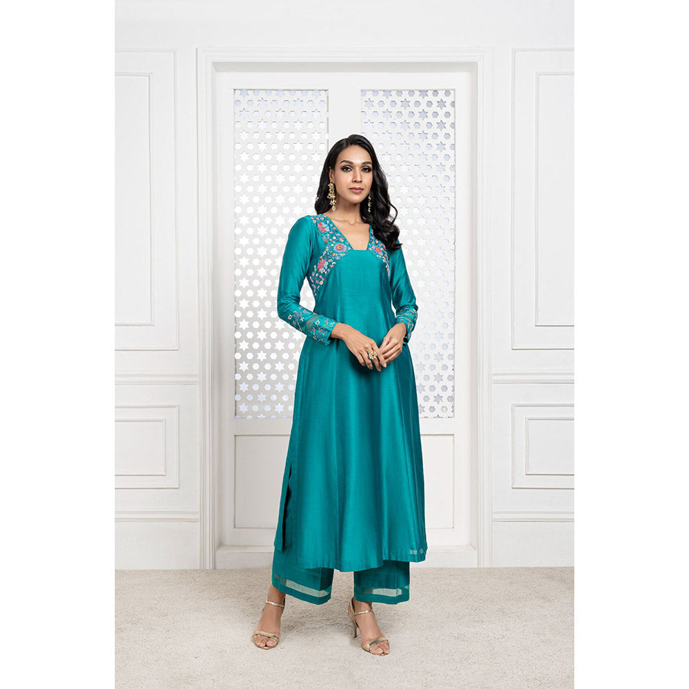 THE AARYA Green Handwoven Chanderi Embroidered Kali Kurta (Set of 3)