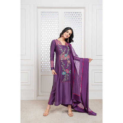 THE AARYA Purple Handwoven Chanderi Embroidered Kurta (Set of 4)