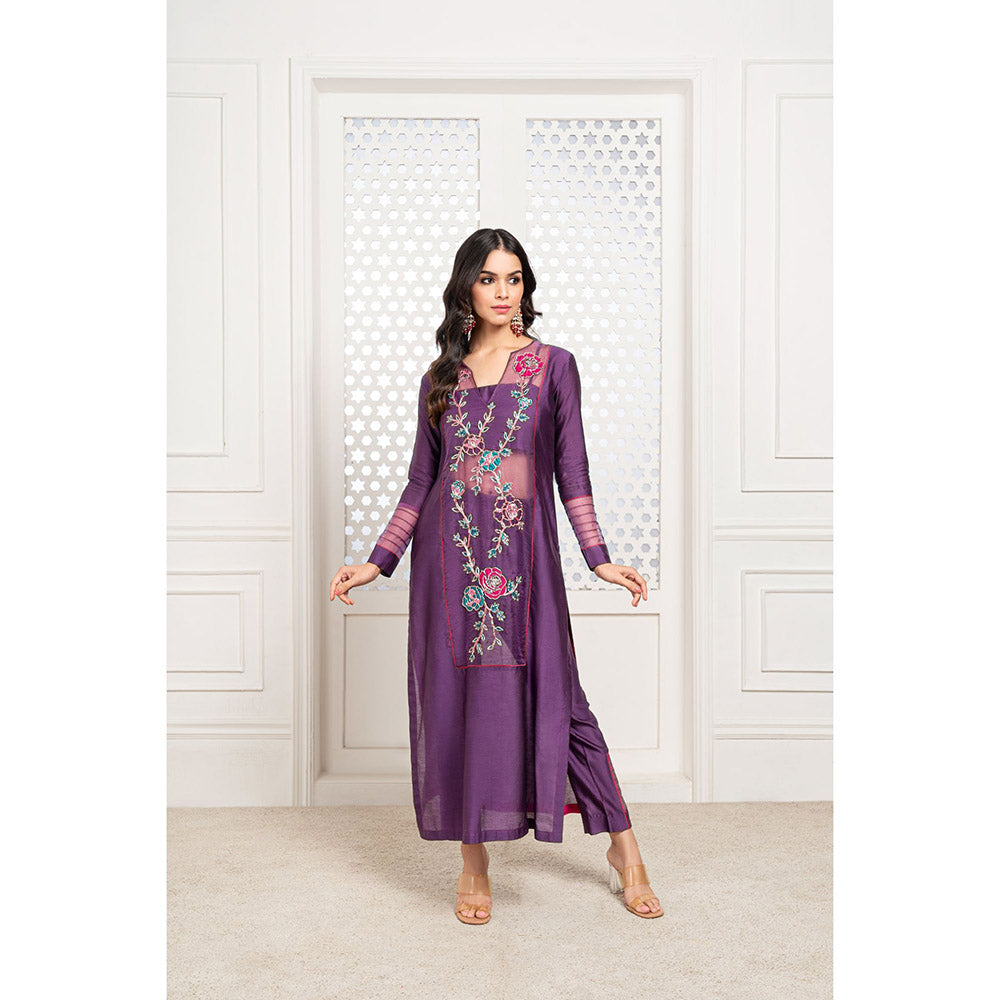 THE AARYA Purple Handwoven Chanderi Embroidered Kurta (Set of 4)