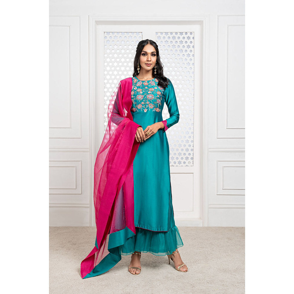 THE AARYA Green Handwoven Chanderi Embroidered Kurta (Set of 3)