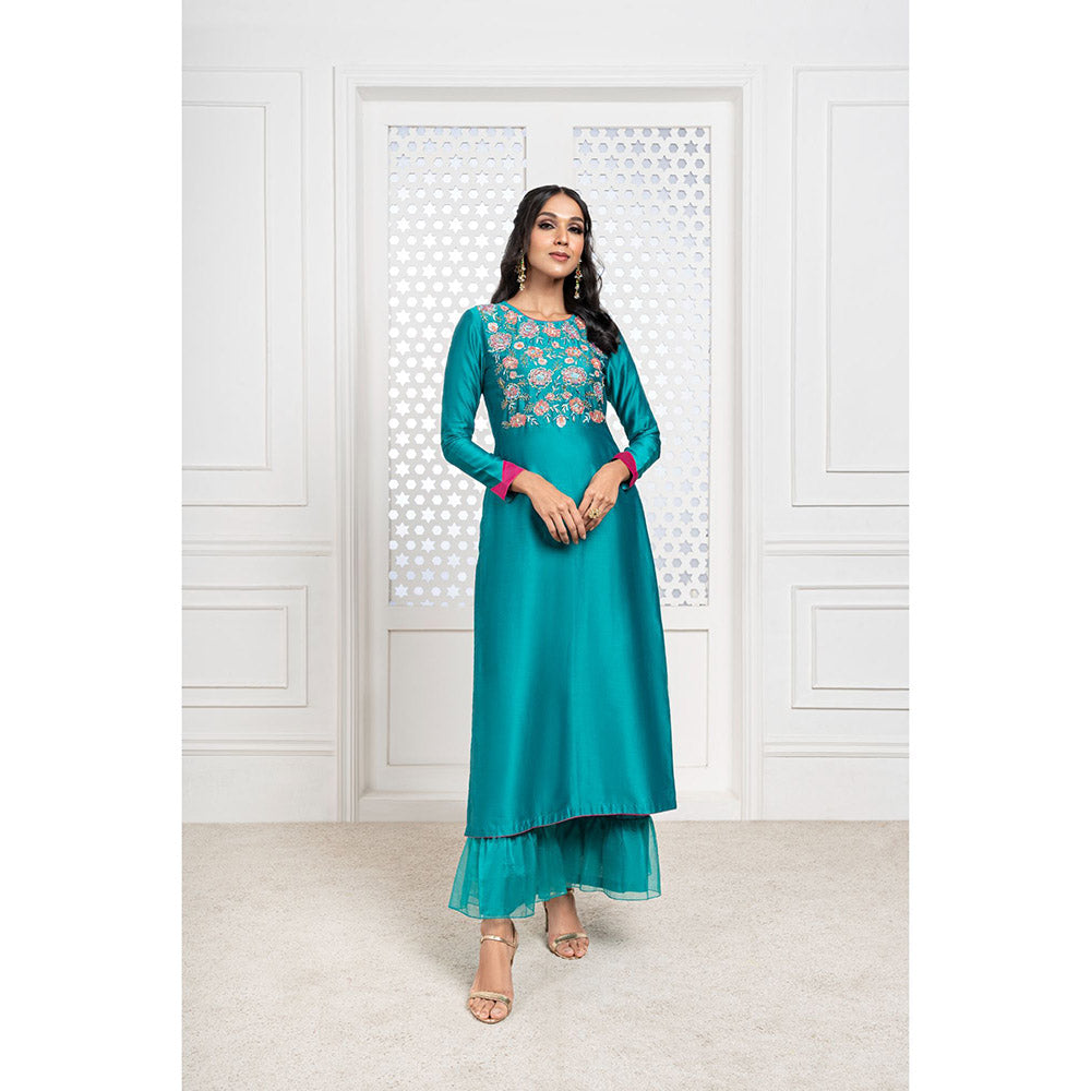 THE AARYA Green Handwoven Chanderi Embroidered Kurta (Set of 3)