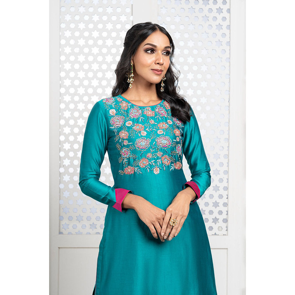 THE AARYA Green Handwoven Chanderi Embroidered Kurta (Set of 3)