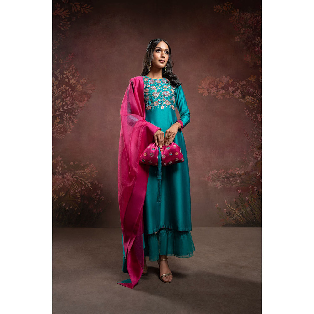 THE AARYA Green Handwoven Chanderi Embroidered Kurta (Set of 3)