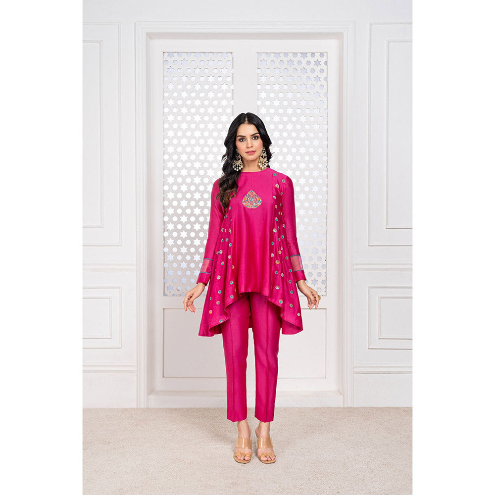 THE AARYA Pink Handwoven Chanderi Embroidered High Low Kurta (Set of 3)