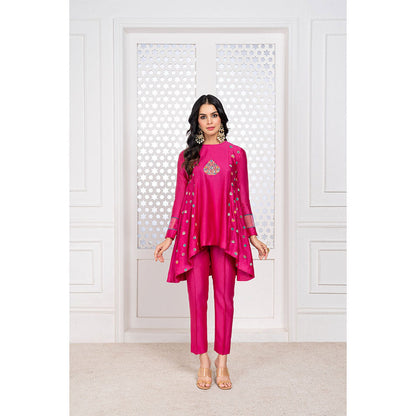 THE AARYA Pink Handwoven Chanderi Embroidered High Low Kurta (Set of 3)
