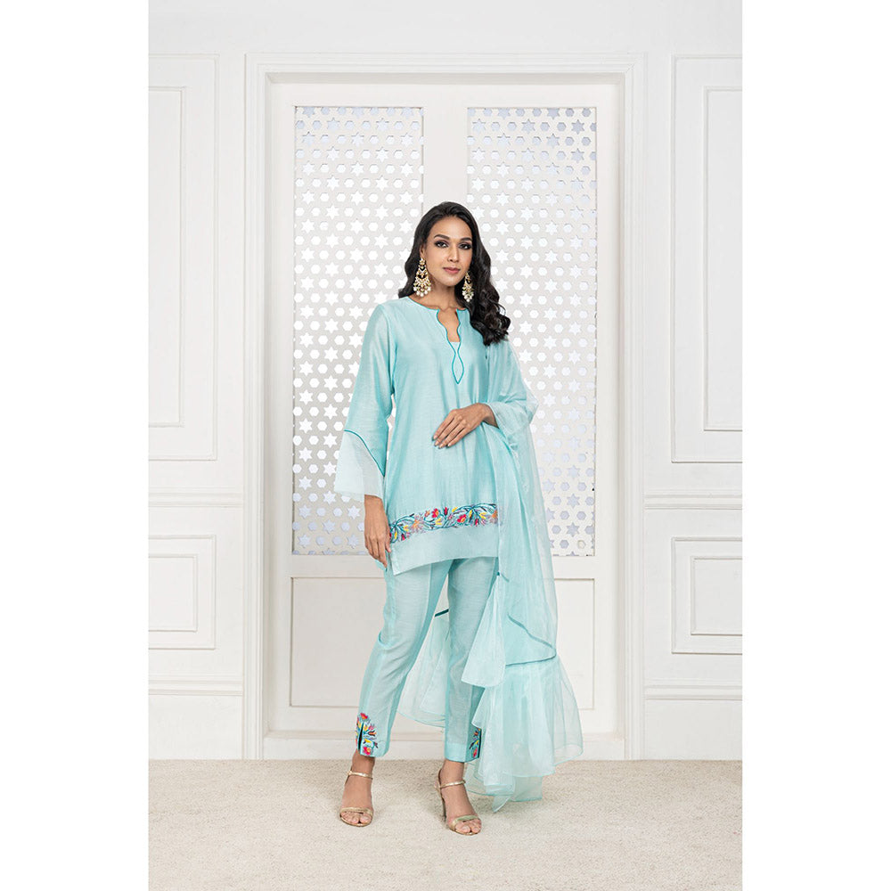 THE AARYA Aqua Blue Handwoven Chanderi Embroidered Short Kurta (Set of 3)