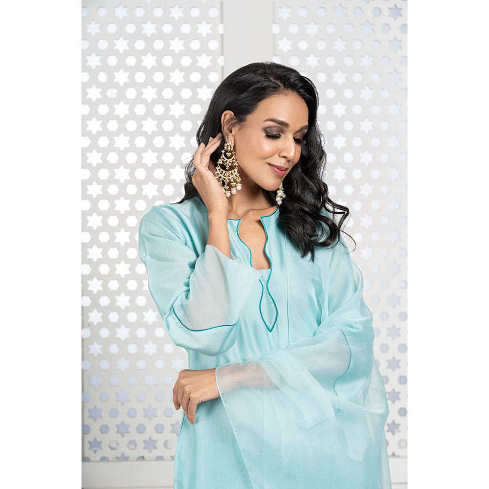 THE AARYA Aqua Blue Handwoven Chanderi Embroidered Short Kurta (Set of 3)