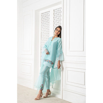 THE AARYA Aqua Blue Handwoven Chanderi Embroidered Short Kurta (Set of 3)