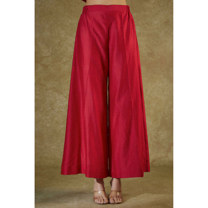 THE AARYA Red Chanderi Embroidered Pleated Kurta And Palazzo With Dupatta (Set of 3)