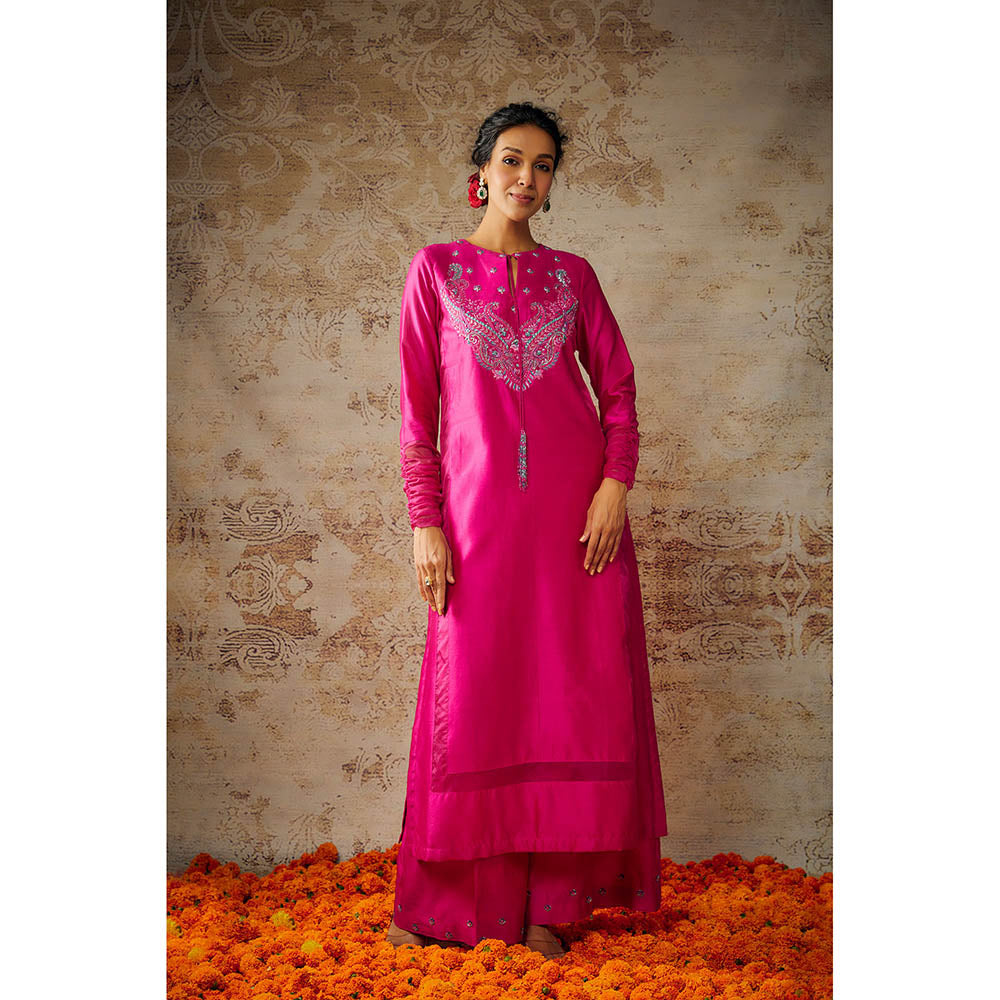 THE AARYA Pink Chanderi Embroidered Kurta Palazzo with Dupatta (Set of 3)