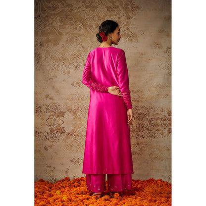 THE AARYA Pink Chanderi Embroidered Kurta Palazzo with Dupatta (Set of 3)
