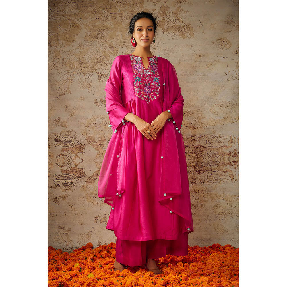 THE AARYA Pink Chanderi Embroidered Pleated Kurta Palazzo with Dupatta (Set of 3)