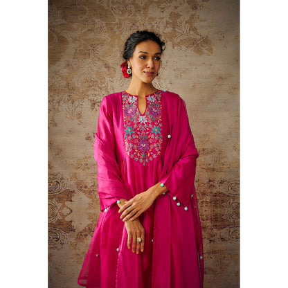 THE AARYA Pink Chanderi Embroidered Pleated Kurta Palazzo with Dupatta (Set of 3)