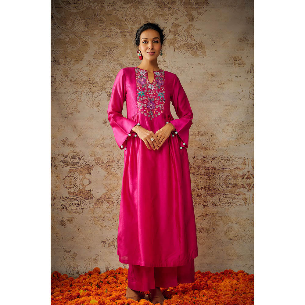 THE AARYA Pink Chanderi Embroidered Pleated Kurta Palazzo with Dupatta (Set of 3)