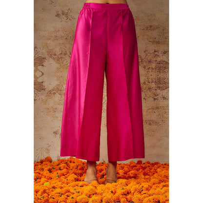 THE AARYA Pink Chanderi Embroidered Pleated Kurta Palazzo with Dupatta (Set of 3)