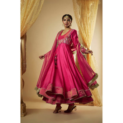 THE AARYA Pink Chanderi Zardozi Embroidered Anarkali Kurta with Churidar & Dupatta (Set of 3)