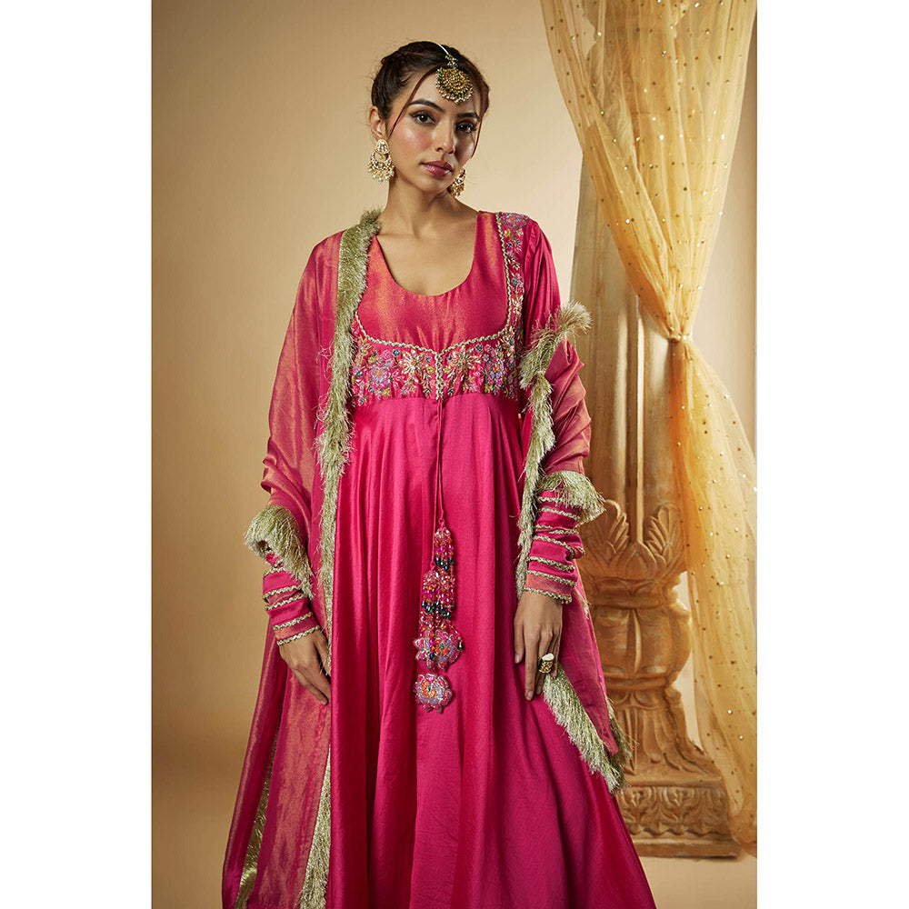 THE AARYA Pink Chanderi Zardozi Embroidered Anarkali Kurta with Churidar & Dupatta (Set of 3)