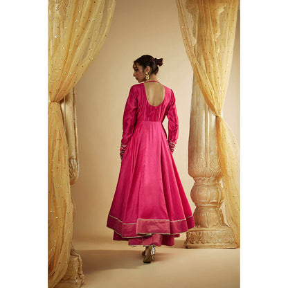 THE AARYA Pink Chanderi Zardozi Embroidered Anarkali Kurta with Churidar & Dupatta (Set of 3)