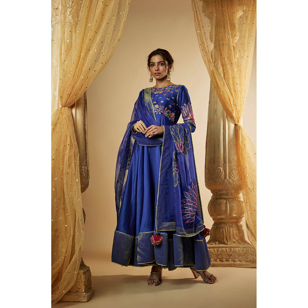 THE AARYA Blue Chanderi Zardozi Embroidered Anarkali Kurta with Palazzo & Dupatta (Set of 3)