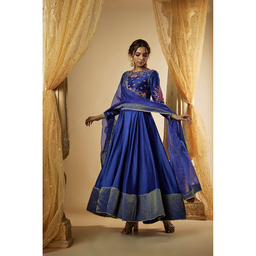 THE AARYA Blue Chanderi Zardozi Embroidered Anarkali Kurta with Palazzo & Dupatta (Set of 3)