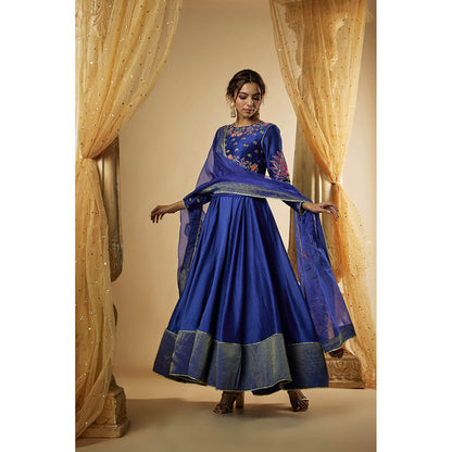 THE AARYA Blue Chanderi Zardozi Embroidered Anarkali Kurta with Palazzo & Dupatta (Set of 3)