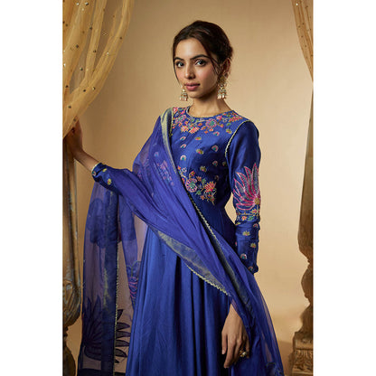 THE AARYA Blue Chanderi Zardozi Embroidered Anarkali Kurta with Palazzo & Dupatta (Set of 3)