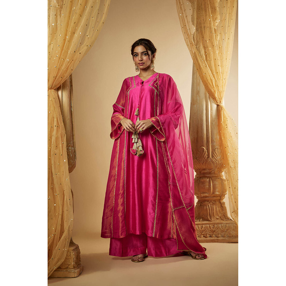 THE AARYA Pink Chanderi Lace Embroidered Anarkali Kurta with Palazzo & Dupatta (Set of 3)
