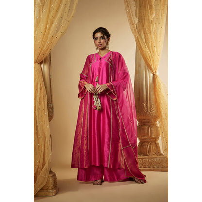 THE AARYA Pink Chanderi Lace Embroidered Anarkali Kurta with Palazzo & Dupatta (Set of 3)