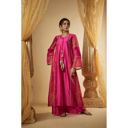THE AARYA Pink Chanderi Lace Embroidered Anarkali Kurta with Palazzo & Dupatta (Set of 3)
