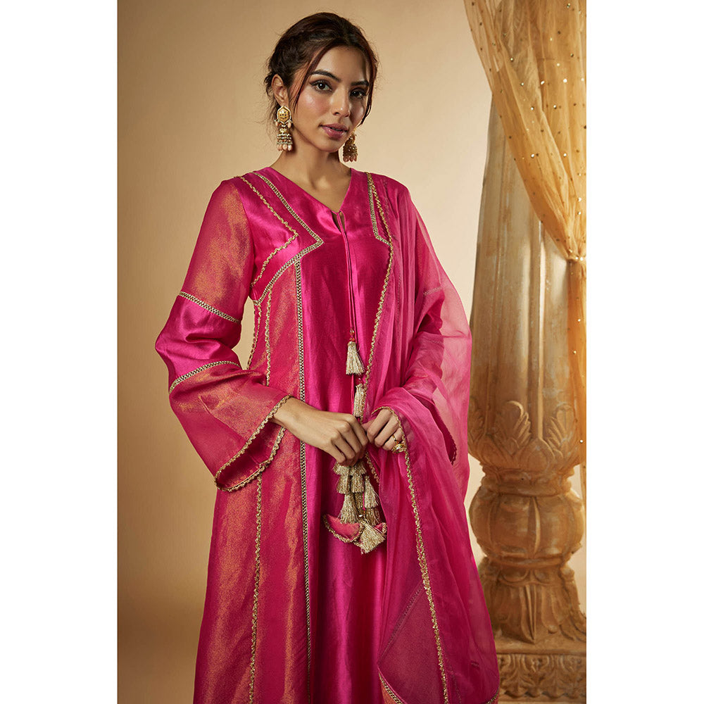 THE AARYA Pink Chanderi Lace Embroidered Anarkali Kurta with Palazzo & Dupatta (Set of 3)