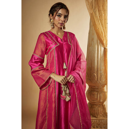 THE AARYA Pink Chanderi Lace Embroidered Anarkali Kurta with Palazzo & Dupatta (Set of 3)