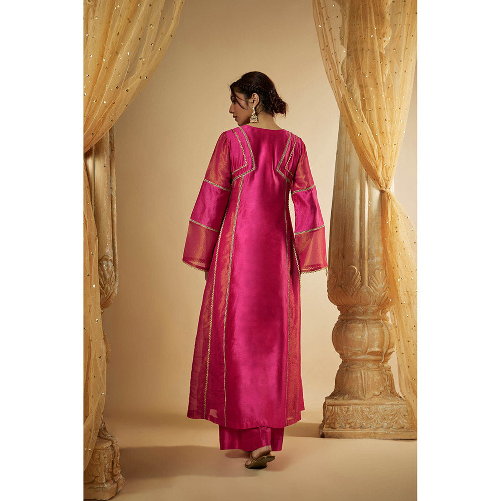 THE AARYA Pink Chanderi Lace Embroidered Anarkali Kurta with Palazzo & Dupatta (Set of 3)